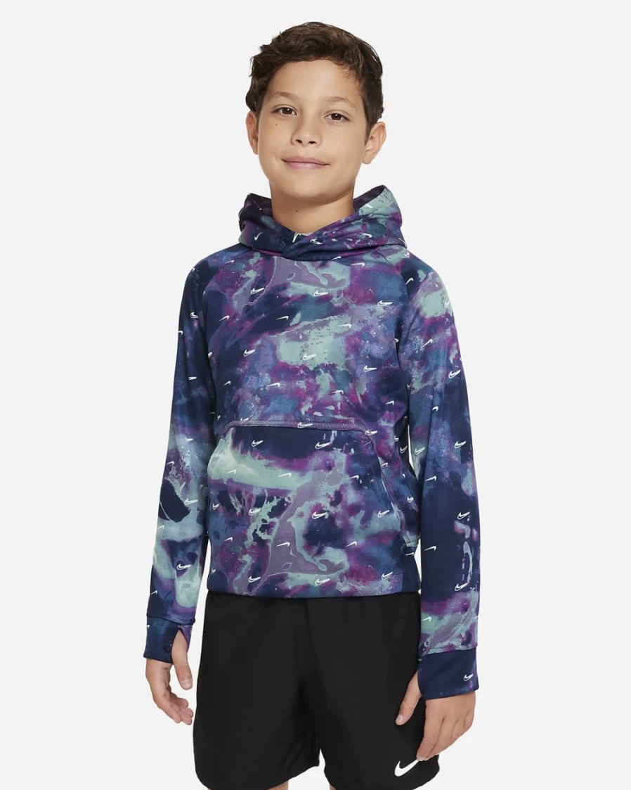 Nike Therma-FIT Boys' Valerian Blue/Canyon Purple Printed Pullover Hoodie - Big Kids' Fleece Jacket