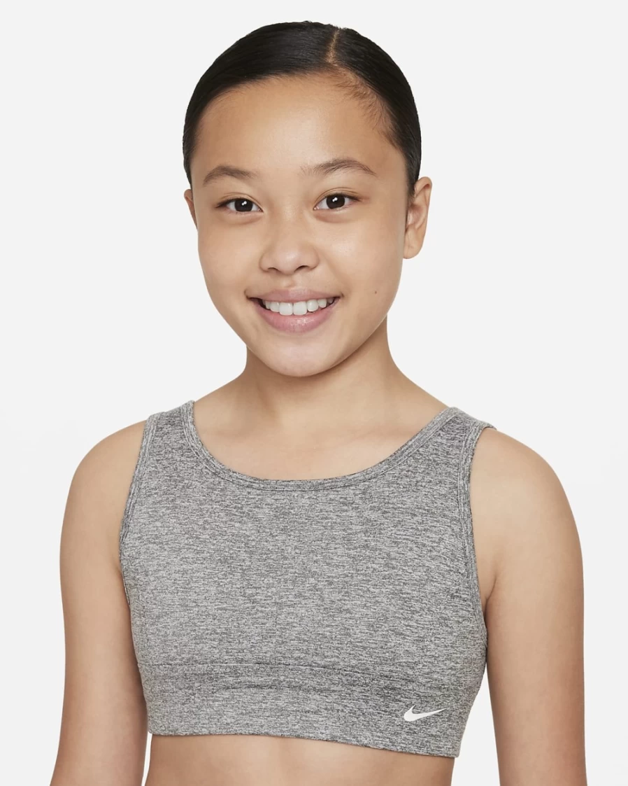 Nike Dri-FIT Swoosh Luxe Big Girls' Sports Bra - Smoke Grey/White/Black
