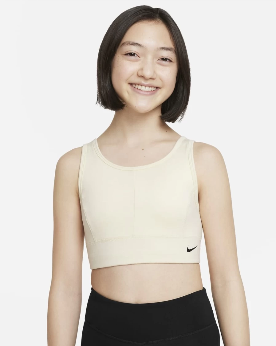 Nike Dri-FIT Swoosh Luxe Girls' Sports Bra - Coconut Milk/White/Black - Big Kids' Athletic Top