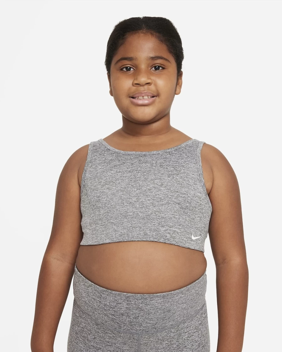 Nike Dri-FIT Swoosh Luxe Girls' Sports Bra - Smoke Grey, White & Black - Extended Sizes