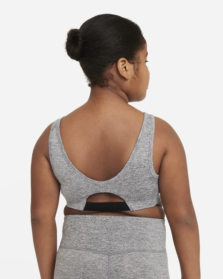 Nike Dri-FIT Swoosh Luxe Girls' Sports Bra - Smoke Grey, White & Black - Extended Sizes