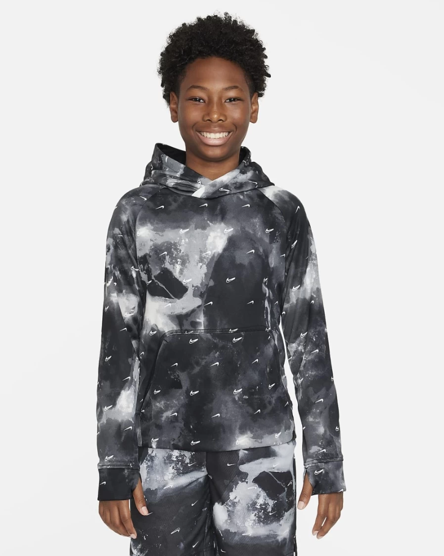 Nike Therma-FIT Boys' Black Pullover Hoodie - Printed Big Kids' Sweatshirt