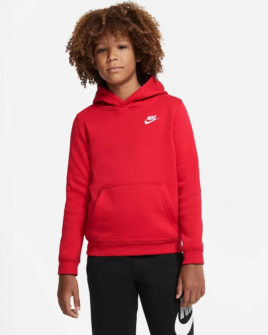 Nike Boys' University Red/White Pullover Hoodie - Sportswear Club Big Kids' Fleece Sweatshirt