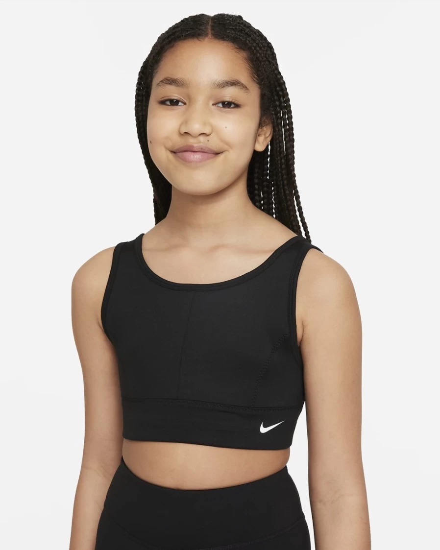 Nike Dri-FIT Swoosh Luxe Big Kids' Girls' Sports Bra - Black/White Athletic Top for Active Girls