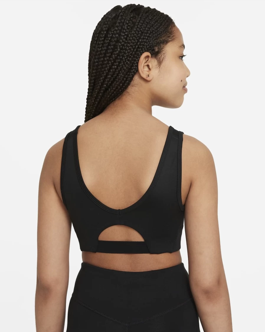 Nike Dri-FIT Swoosh Luxe Big Kids' Girls' Sports Bra - Black/White Athletic Top for Active Girls
