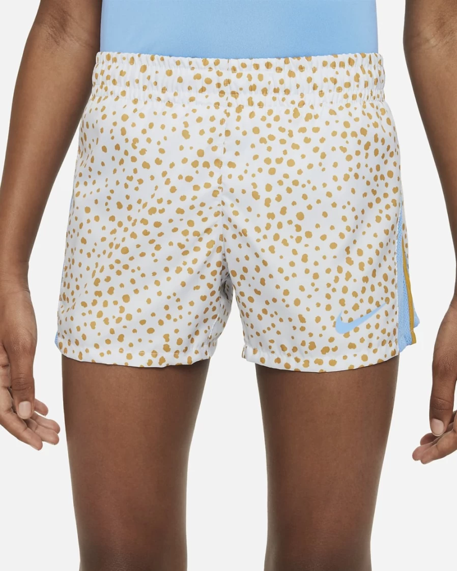 Nike Dri-FIT 10K2 Girls' Training Shorts in Football Grey, University Blue, and Goldtone