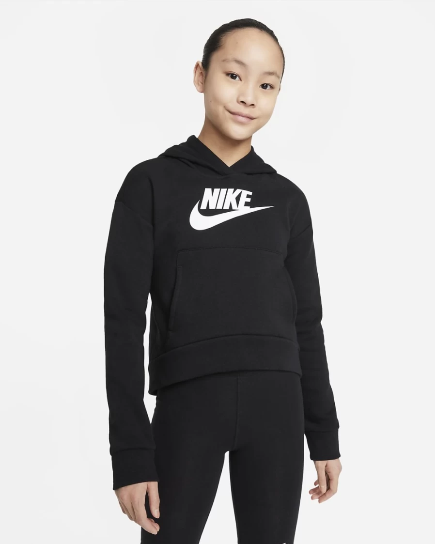 Nike Sportswear Club Fleece Hoodie for Girls - Black & White Pullover Sweatshirt